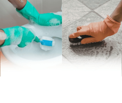 Deep cleaning services shown with a professional cleaner scrubbing the floor and another cleaning the toilet to ensure a thorough, deep clean of the space