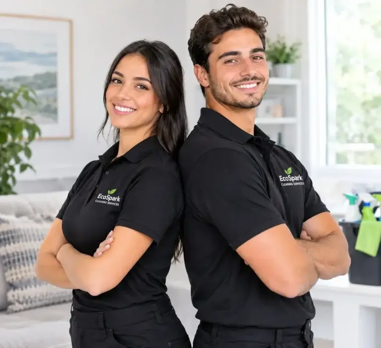 EcoSpark cleaning staff smiling in a clean living room.