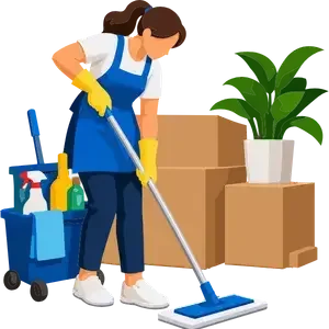 Move-In Cleaning Santa Rosa service illustration showing a cleaner holding cleaning supplies alongside packed moving boxes and a potted plant in a living room.